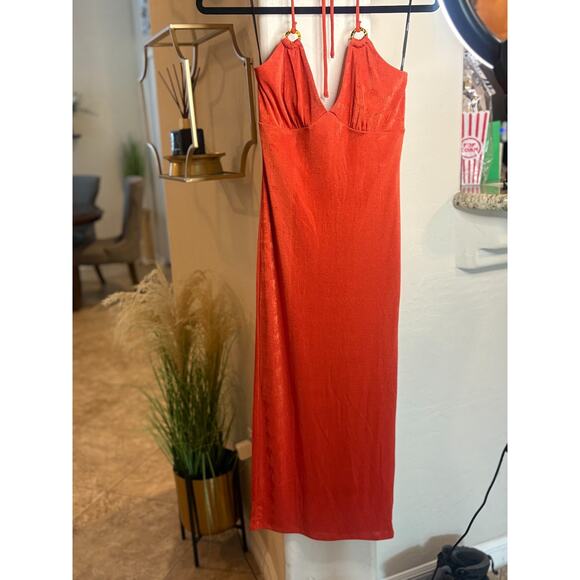 Forever 21 Orange V-Neck Bodycon Halter Midi Dress Size Small 00-2 - Picture 3 of 5